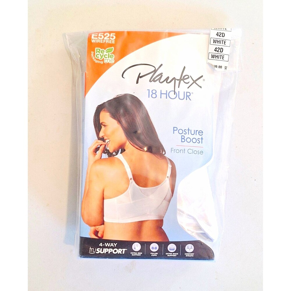 Playtex 18 Hour Bra Posture Boost Front Closure Wireless White 42D